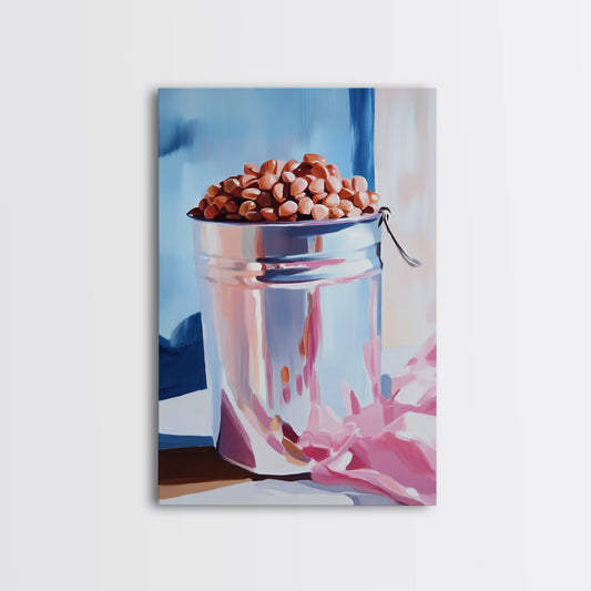 Rustic Metal Bucket, Nuts Still Life, Farmhouse Kitchen Decor, Vintage Art, Country Home, Warm Tones, Canvas Print, Framed Canvas Print