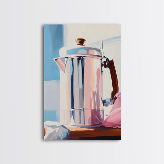 Retro Coffee Pot, Kitchen Wall Art, Vintage Decor, Warm Neutral Aesthetic, Farmhouse Coffee, Canvas Print, Framed Canvas Print