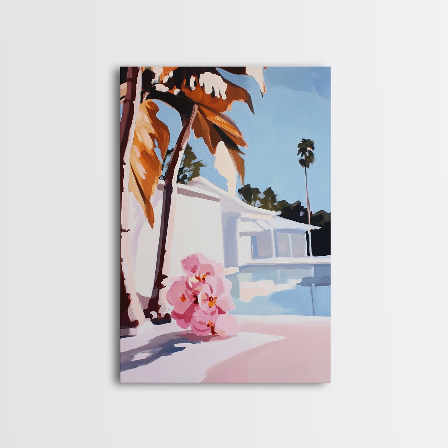 Tropical, Palm Trees, Poolside, Framed Canvas Print, Modern Beach House Art, Vibrant Wall Decor, Summer Vibes, Aesthetic Living Room Art