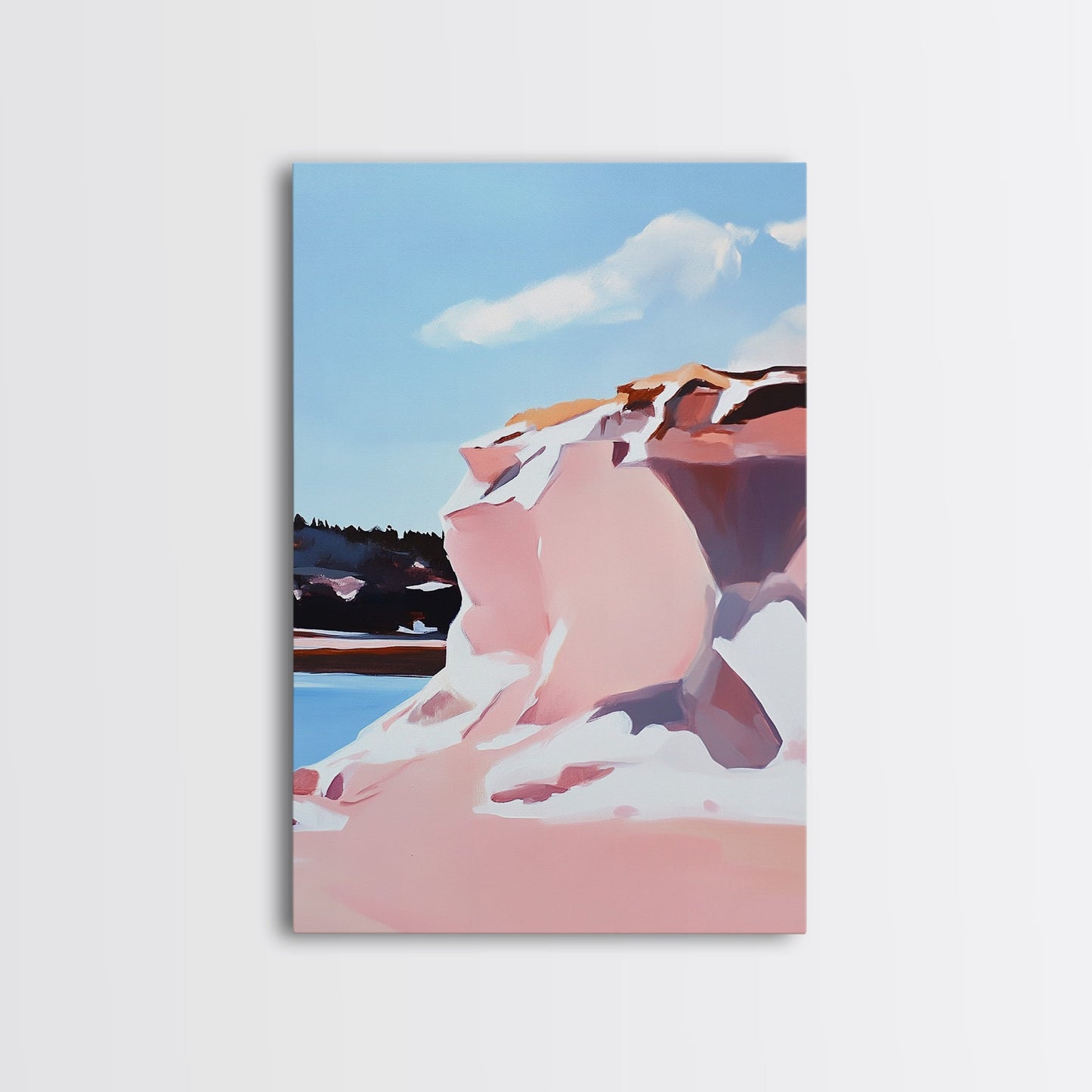 Pink Cliffs, Coastal Beauty, Ocean Landscape, Soft Pastel Art, Nature Inspired, Tranquil Scenery, Boho Wall Art, Framed Canvas Print