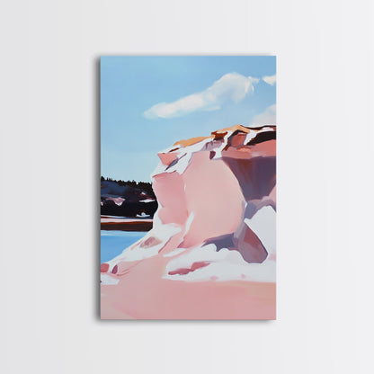 Pink Cliffs, Coastal Beauty, Ocean Landscape, Soft Pastel Art, Nature Inspired, Tranquil Scenery, Boho Wall Art, Framed Canvas Print