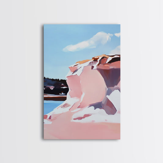 Pink Cliffs, Coastal Beauty, Ocean Landscape, Soft Pastel Art, Nature Inspired, Tranquil Scenery, Boho Wall Art, Framed Canvas Print