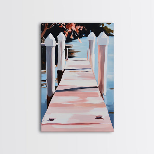 Serene Dock, Waterside Retreat, Nautical Art, Coastal Living, Summer Wall Decor, Bedroom or Office Art, Framed Canvas Print