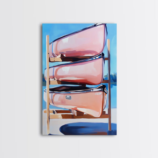 Stacked Canoes, Pastel, Lake, Framed Canvas Print, Adventure Wall Art, Minimalist Art, Cabin Decor, Cottagecore Aesthetic, Nature Art