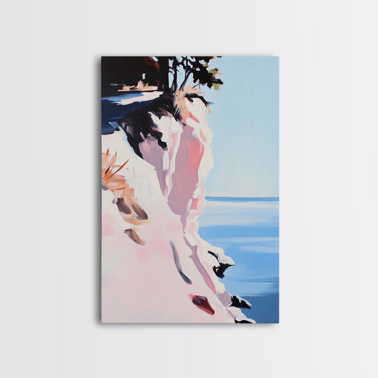 Cliffs and Water, Nature Wall Art, Minimalist Landscape, Coastal Home Decor, Blue and Pink Art, Framed Canvas Print, Office Wall Decor