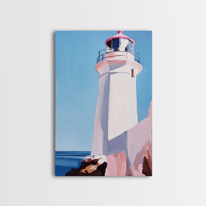 Lighthouse View, Nautical Wall Art, Beach House Decor, Ocean Scene Painting, Coastal Style, Framed Canvas Print, Bathroom Wall Art