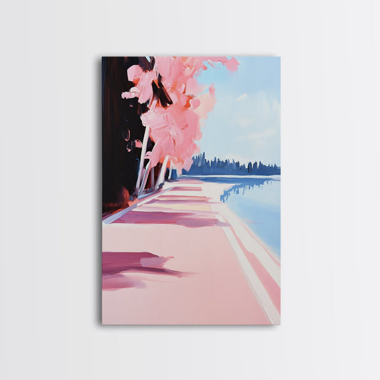 Mediterranean Steps, Coastal Wall Art, Santorini Print, Blue and Pink Decor, Travel Painting, Framed Canvas Print, Living Room Art