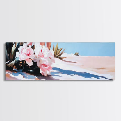 Rosa Blumen, gerahmter Leinwanddruck, florale Wandkunst, Wüstenmotiv, Boho-Ästhetik, moderne Wohndekoration, Schlafzimmerkunst, Naturmalerei