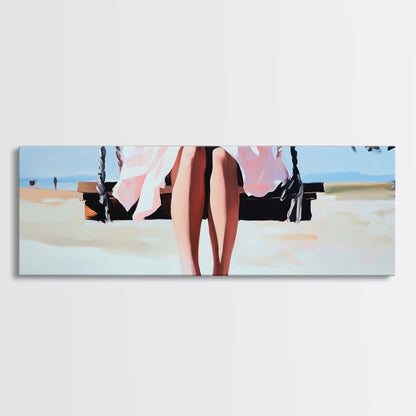 Swing By The Sea, Pastel Sky, Framed Canvas Print, Beach Wall Art, Minimalist Decor, Relaxing Aesthetic, Soft Tones, Coastal Living