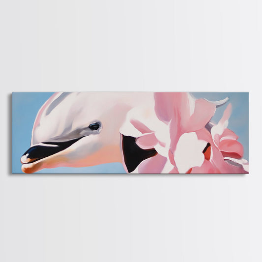 Dolphin, Pink Flowers, Canvas Print, Ocean Art, Whimsical Artwork, Coastal Wall Art, Sea Life Decor, Modern Aesthetic, Nature Lover Gift