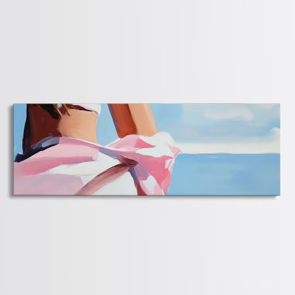 Woman on Beach, Windy Dress, Ocean Breeze, Framed Canvas Print, Feminine Wall Art, Boho Home Decor, Coastal Aesthetic, Bedroom