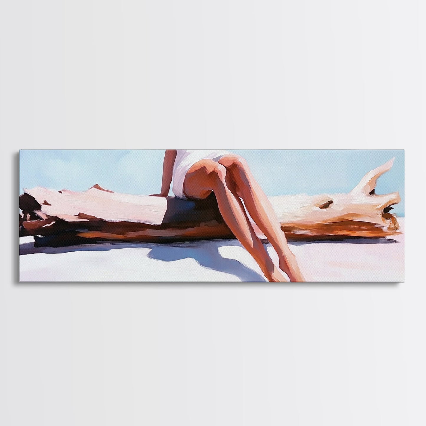 Treibholz-Flucht, Küstenleben-Kunst, Minimalistische Strandszene, Sommerliche Farben, Gerahmter Leinwanddruck, Entspannende Wohndekoration, Vom Meer inspiriert