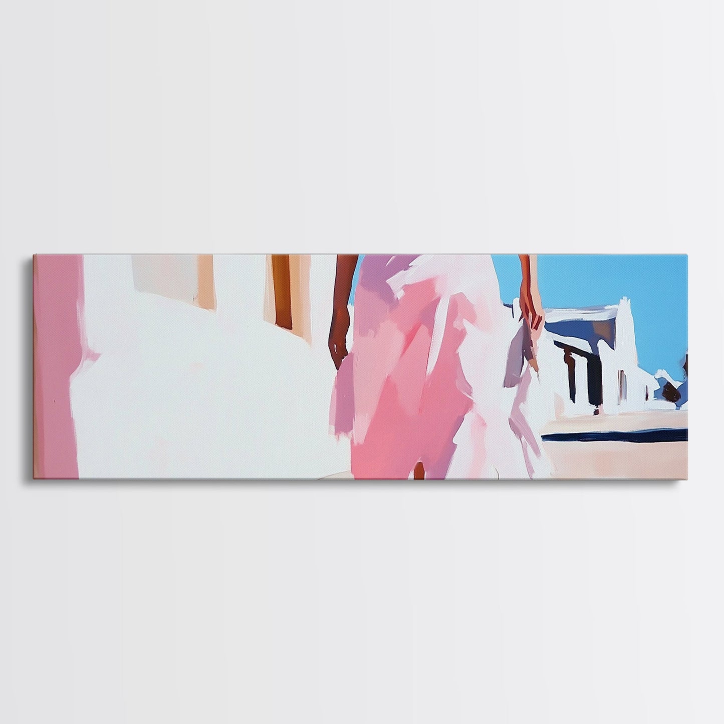 Pink Dress, Elegant Stroll, Romantic Scene, Framed Canvas Print, Modern Wall Art, Feminine Decor, Stylish Living Room Artwork