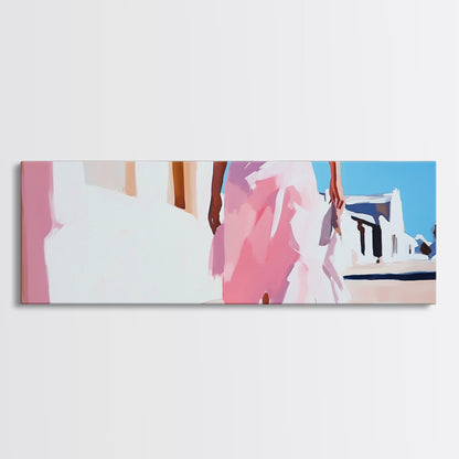 Pink Dress, Elegant Stroll, Romantic Scene, Framed Canvas Print, Modern Wall Art, Feminine Decor, Stylish Living Room Artwork