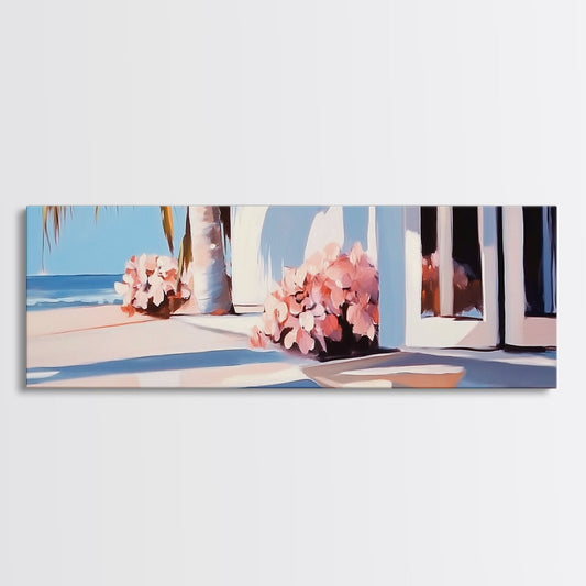 Beachfront Patio, Coastal Home, Ocean View Art, Framed Canvas Print, Seaside Decor, Summer House Aesthetic, Serene Wall Artwork