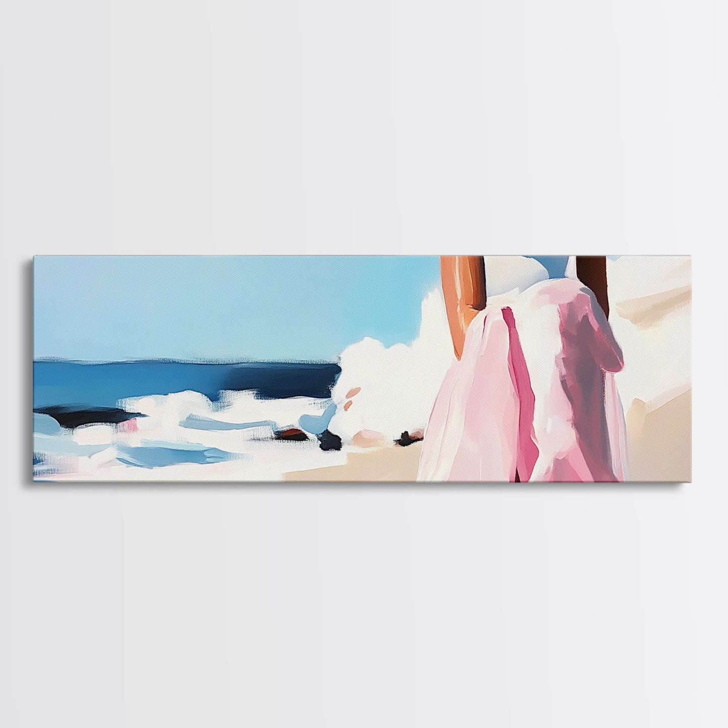 Ocean Waves, Pink Skirt, Windy Shoreline, Framed Canvas Print, Coastal Wall Art, Beach Home Decor, Minimalist Aesthetic, Ocean Scene