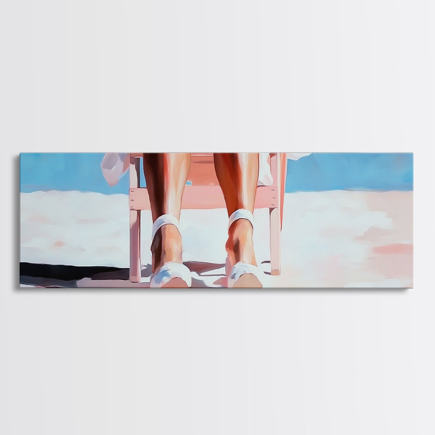 Woman Relaxing, Beach Chair Art, Coastal Summer Scene, Framed Canvas Print, Minimalist Boho Decor, Serene Seaside Home Artwork