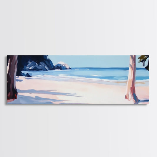 Beach Scene, Palm Trees, Blue Ocean, Canvas Print, Coastal Wall Art, Minimalist Landscape, Living Room Decor, Relaxing Home Aesthetic