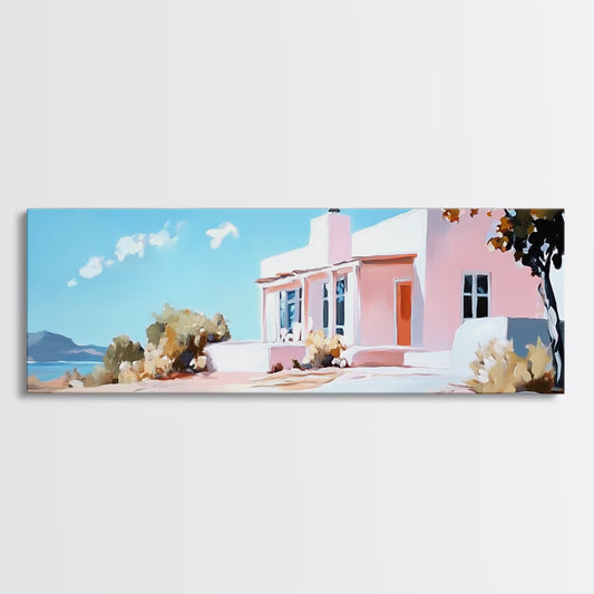 Coastal House, Summer Art, Beach Landscape, Framed Canvas Print, Mediterranean Wall Art, Minimalist Painting, Living Room Decoran Waves