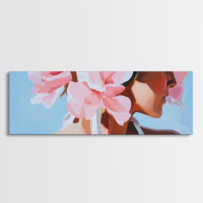 Floral Woman, Feminine Beauty, Elegant Portrait, Boho Canvas Print, Bedroom Wall Art, Modern Aesthetic, Pastel Pink Home Decor