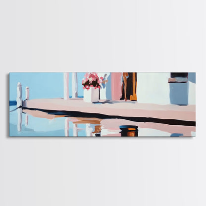 Poolside Reflection, Elegant Patio, Coastal Artwork, Framed Canvas Print, Summer Aesthetic, Modern Living Room Decor, Soft Blues