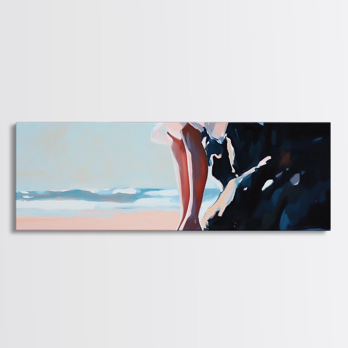 Sonnenuntergang am Strand, friedlicher Rückzugsort, Meeresruhe, Küstenmotiv auf Leinwand, Wandbild fürs Wohnzimmer, sanfte Pastellfarben, minimalistische Wandkunst