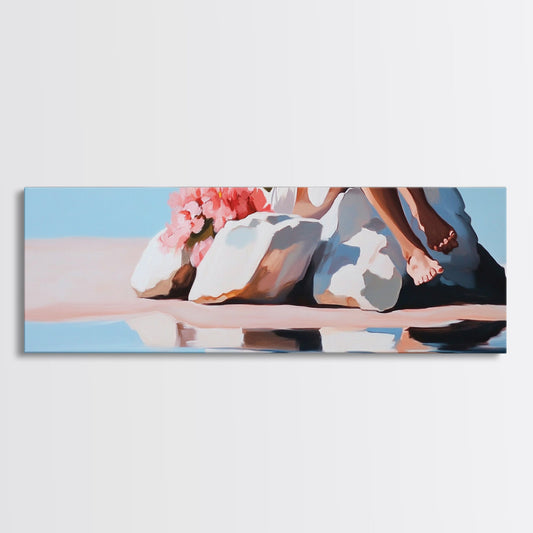 Beach Blossom Scene, Floral Coastal Art, Pastel Summer Vibes, Nature Wall Decor, Soft Aesthetic, Canvas Print, Bedroom Wall Art