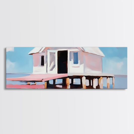 Stilt House, Seaside Retreat, Coastal Art, Framed Canvas Print, Beach Cottage Decor, Ocean Home Artwork, Minimalist Nautical Art