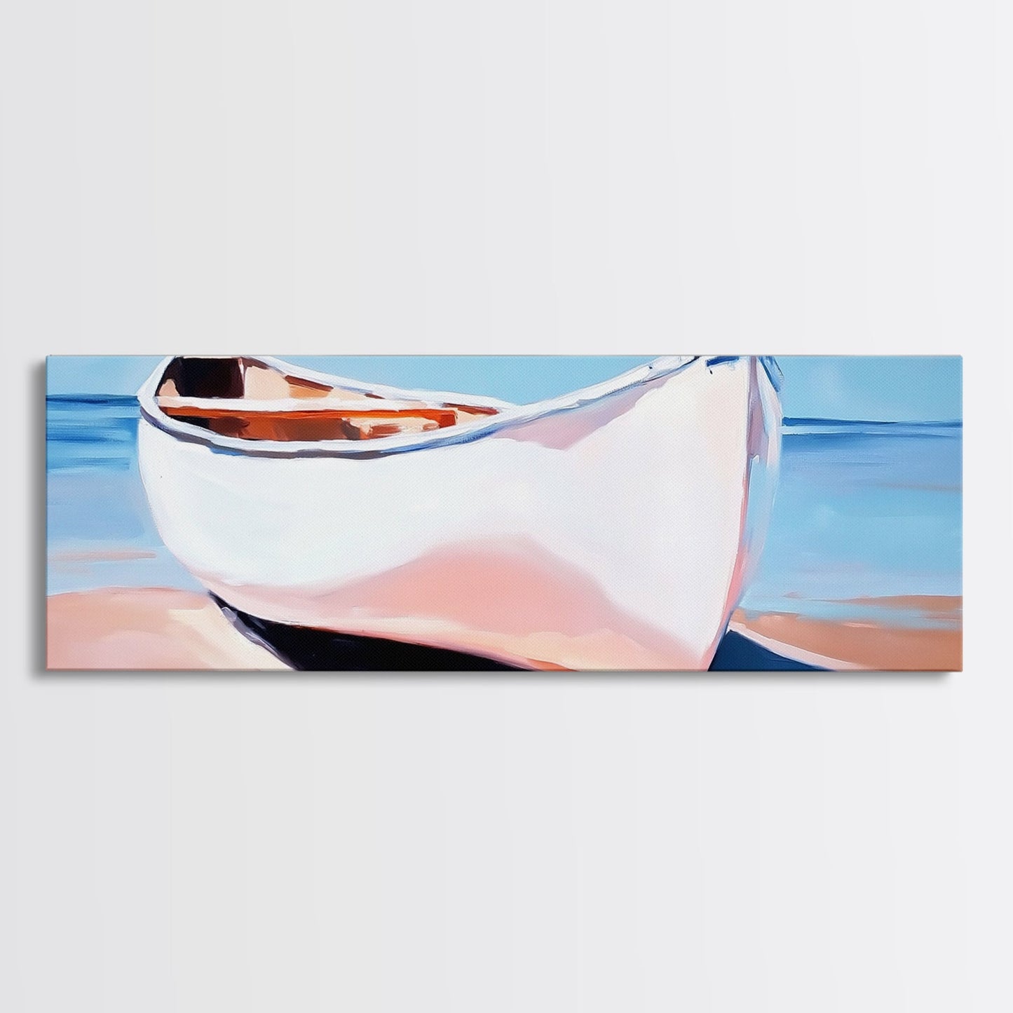 Weißes Kanu, Küstenwandbild, maritime Ästhetik, gerahmter Leinwanddruck, minimalistisches Bootsbild, maritime Kunst für Strandhäuser, Meeresdeko