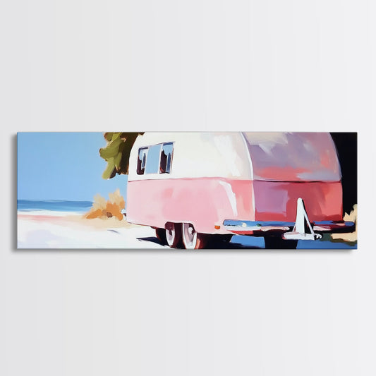 Retro Camper, Vintage Beach Art, Travel Trailer Aesthetic, Framed Canvas Print, Wanderlust Adventure Decor, Boho Wall Art, Pastel Tones