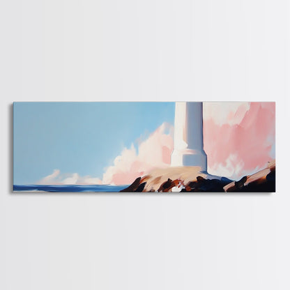 Leuchtturm, Küstenmotiv, Maritime Dekoration, Meerblick, Gerahmter Leinwanddruck, Strandhauskunst, Minimalistische Kunst, Schlafzimmer-Wandkunst