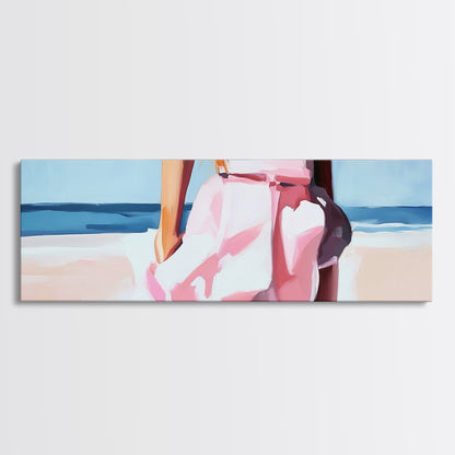 Beach Walk, Soft Waves, Feminine Coastal, Romantic Seascape, Framed Canvas Print, Boho Art, Bedroom Wall Art, Minimalist Aesthetic