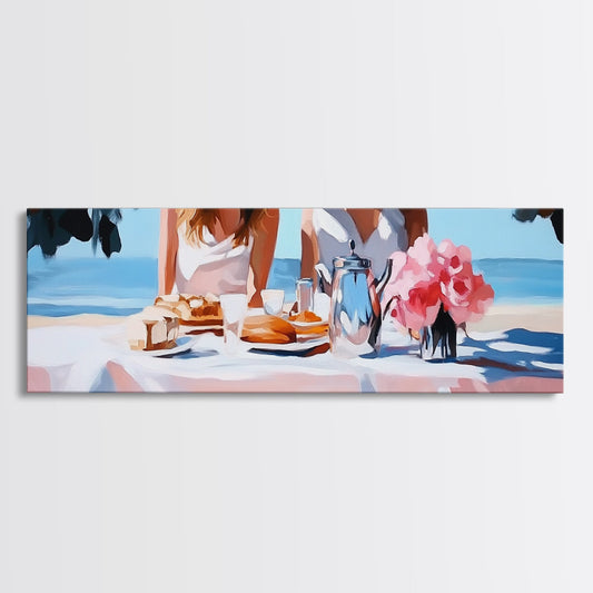 Ocean Picnic, Coastal Dining, Elegant Beach Scene, Pastel Seascape, Canvas Print, Living Room Art, Modern Nautical, Kitchen Wall Art