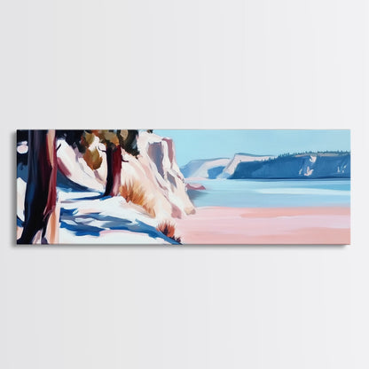 Lakeside Pines, Tranquil Forest Art, Nature Wall Decor, Framed Canvas Print, Minimalist Landscape, Serene Blue Tones, Office Wall Art