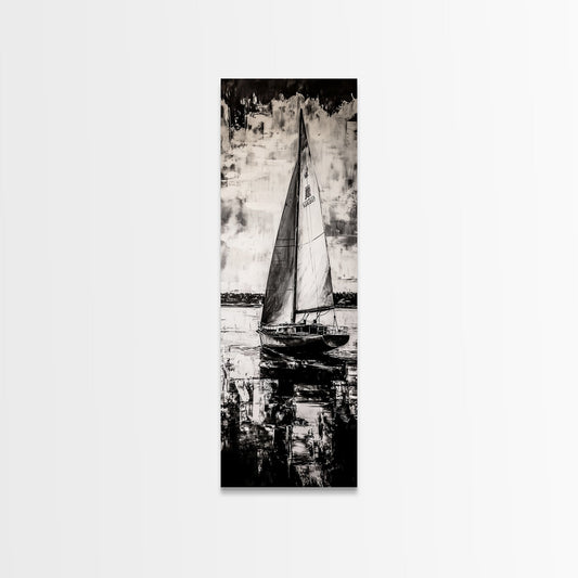 Black and White Sailboat, Nautical Wall Art, Minimalist Seascape Painting, Coastal Home Decor, Office or Bedroom Art, Framed Canvas Print