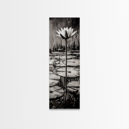 Lotus Bloom, Black and White, Water Lily, Zen Artwork, Framed Canvas Print, Botanical Wall Art, Nature Decor, Serene Living Space