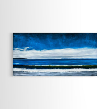 Blue Horizon, Minimalist Seascape Art, Framed Canvas Print, Ocean Wall Decor, Contemporary Coastal Painting, Modern Living Room Art