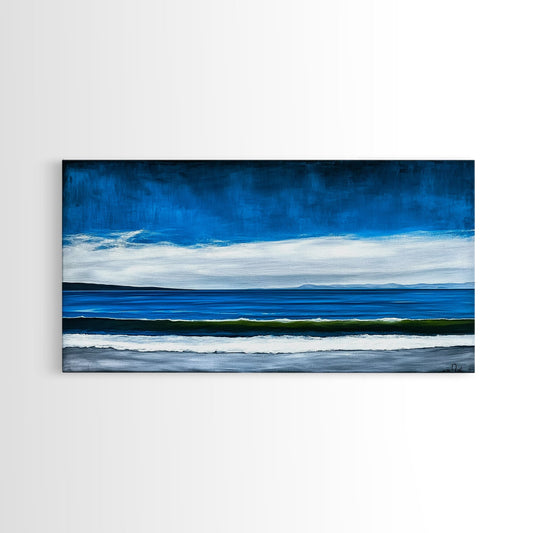 Blue Horizon, Minimalist Seascape Art, Framed Canvas Print, Ocean Wall Decor, Contemporary Coastal Painting, Modern Living Room Art