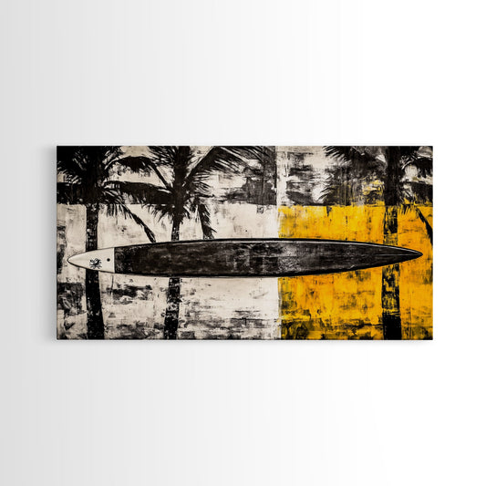 Surfboard Wall Art, Tropical Coastal Decor, Palm Tree Beach Scene, Black and Gold Art, Vintage Surf Style, Canvas Print, Living Room Art