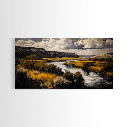 Western River, Rustic Landscape, Southwest Art, Moody Nature Painting, Lodge Wall Decor, Mountain Home Art, Canvas Print, Coastal Print
