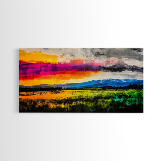 Sunset Horizon, Colorful Abstract, Vibrant Landscape, Southwest Painting, Modern Wall Art, Living Room Decor, Framed Canvas Print