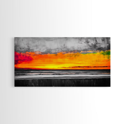 Coastal Sunset, Ocean Horizon, Bold Colors, Black and White Contrast, Modern Abstract, Warm Tones, Large Wall Art, Framed Canvas Print ?