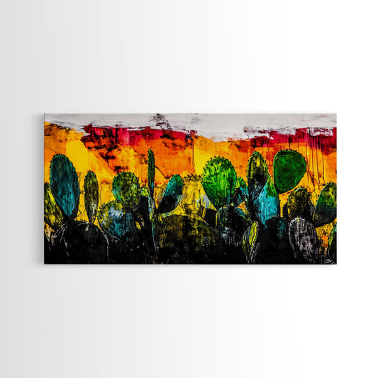 Cactus, Bold Colors, Desert, Vibrant, Framed Canvas Print, Southwest Wall Art, Boho Decor, Modern Abstract Painting, Nature Inspired