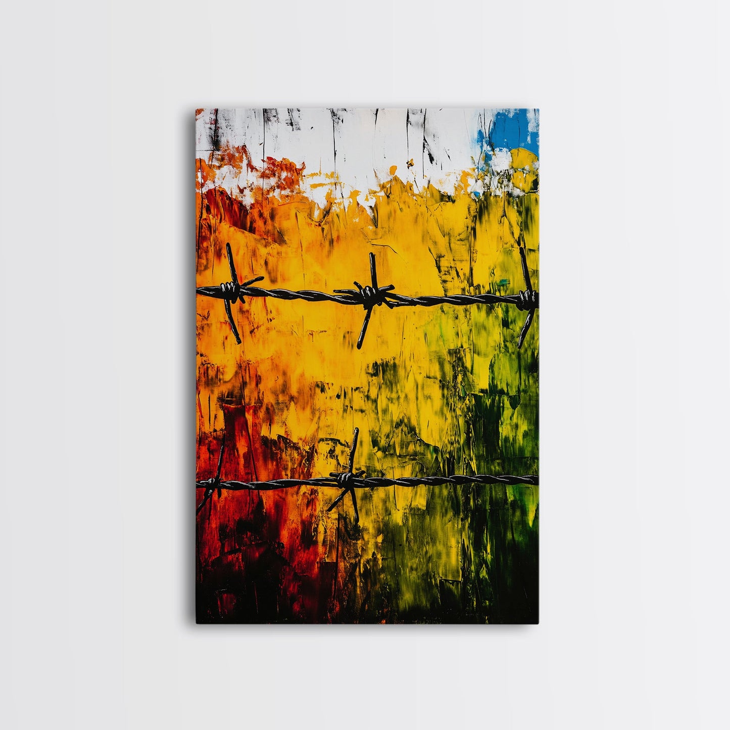 Barbed Wire Wall Art, Red Yellow Green, Bold Abstract Painting, Modern Industrial Decor, Statement Piece, Office Wall Art, Canvas Print