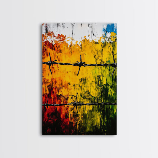 Barbed Wire Wall Art, Red Yellow Green, Bold Abstract Painting, Modern Industrial Decor, Statement Piece, Office Wall Art, Canvas Print