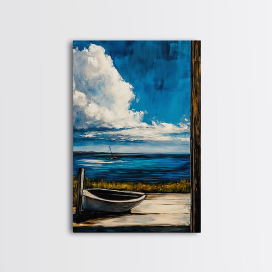 Seaside Serenity, Wooden Dock, Tranquil View, Framed Canvas Print, Ocean Wall Art, Coastal Living, Beach House Decor, Nautical Aesthetic