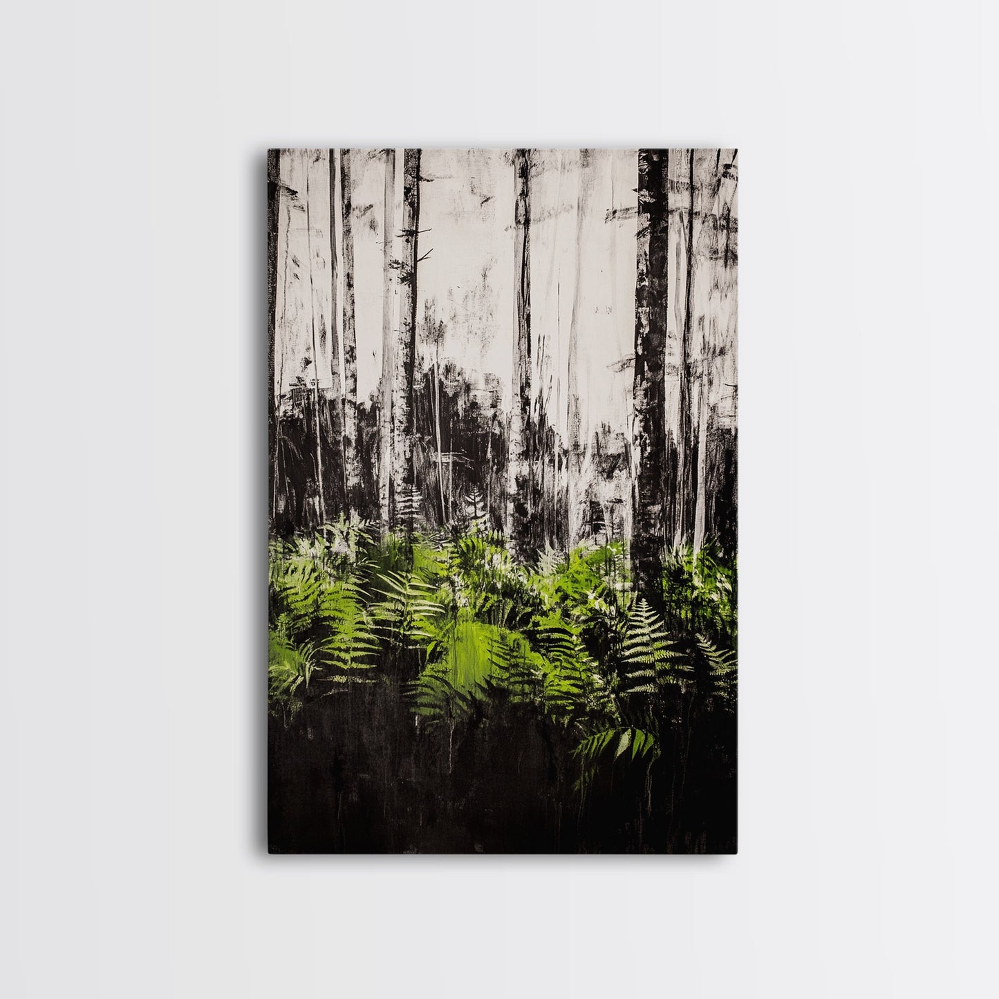Forest Ferns, Green Botanical Art, Woodland Nature Print, Minimalist Home Decor, Black and White Wall Art, Framed Canvas Print