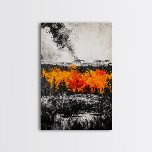 Burning Trees, Fiery Autumn Landscape, Dramatic Fall Wall Art, Modern Seasonal Home Decor, Bold Color Painting, Framed Canvas Print