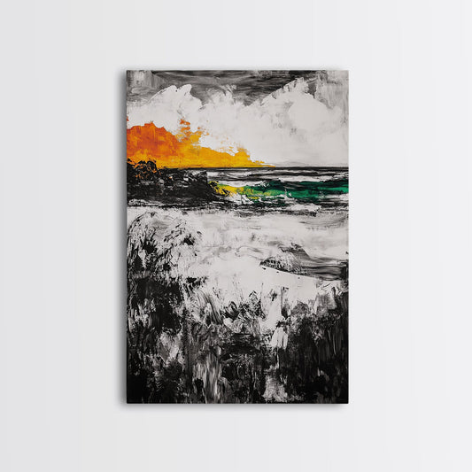 Sunset Waves, Coastal Painting, Ocean Sunset, Abstract Landscape, Framed Canvas Print, Nautical Art, Living Room Wall Art, Bold Color Art