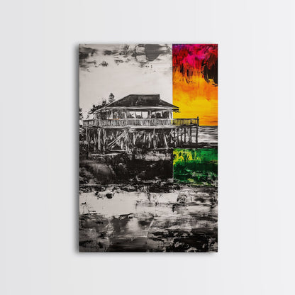 Pier House, Sunset Painting, Coastal Decor, Beach House Art, Framed Canvas Print, Living Room Wall Art, Nautical Theme, Abstract Home Decor
